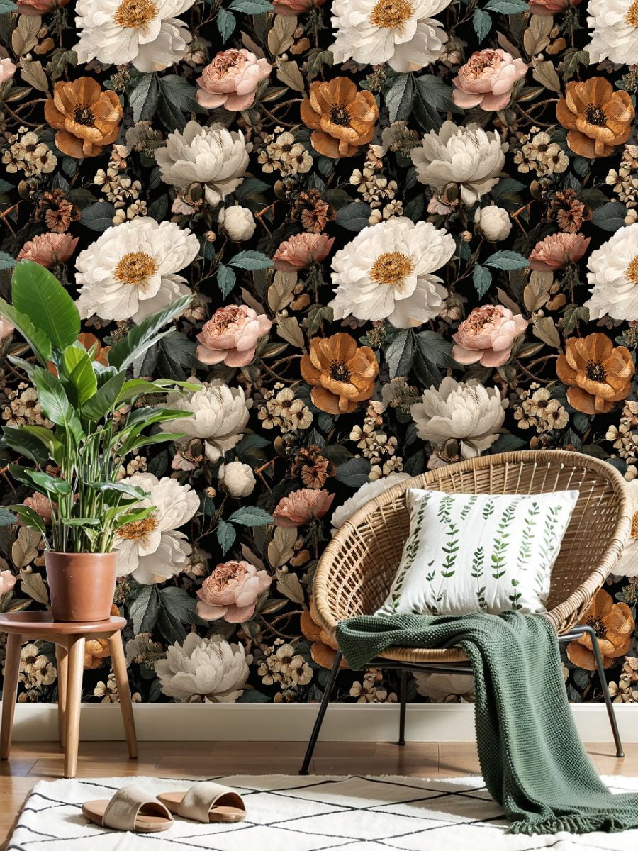 Peel and Stick Wallpaper Vintage Floral Peonies Blossoms Elegant Botanical Wall Mural 23.6in x 9.8ft Self Adhesive Removable Wall Paper Renter Friendly Wallpaper for Girls Women Bedroom Livingroom