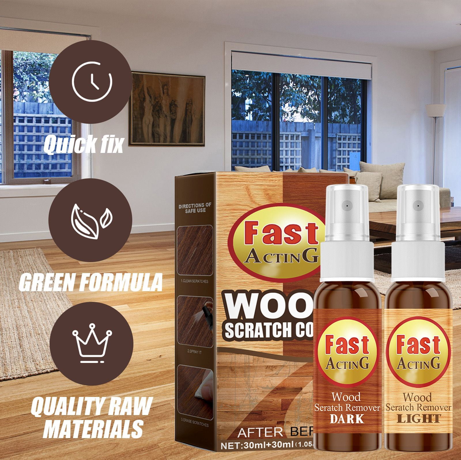 Alvantor Wood Floor Scratch Repair Spray, Furniture Restorer Polish Paint for Hardwood Laminate, 1.05oz+1.05oz