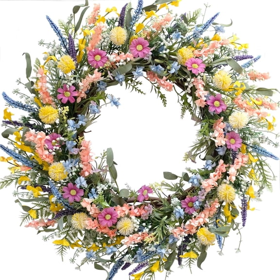Guvpev 24" Artificial Flower Wreath, Spring/Summer Colorful Floral Wreath for Front Door, Forsythia Lavender Wild Flowers Wreath for Home Decor, Wild Flowers with Green Leaves for All Seasons