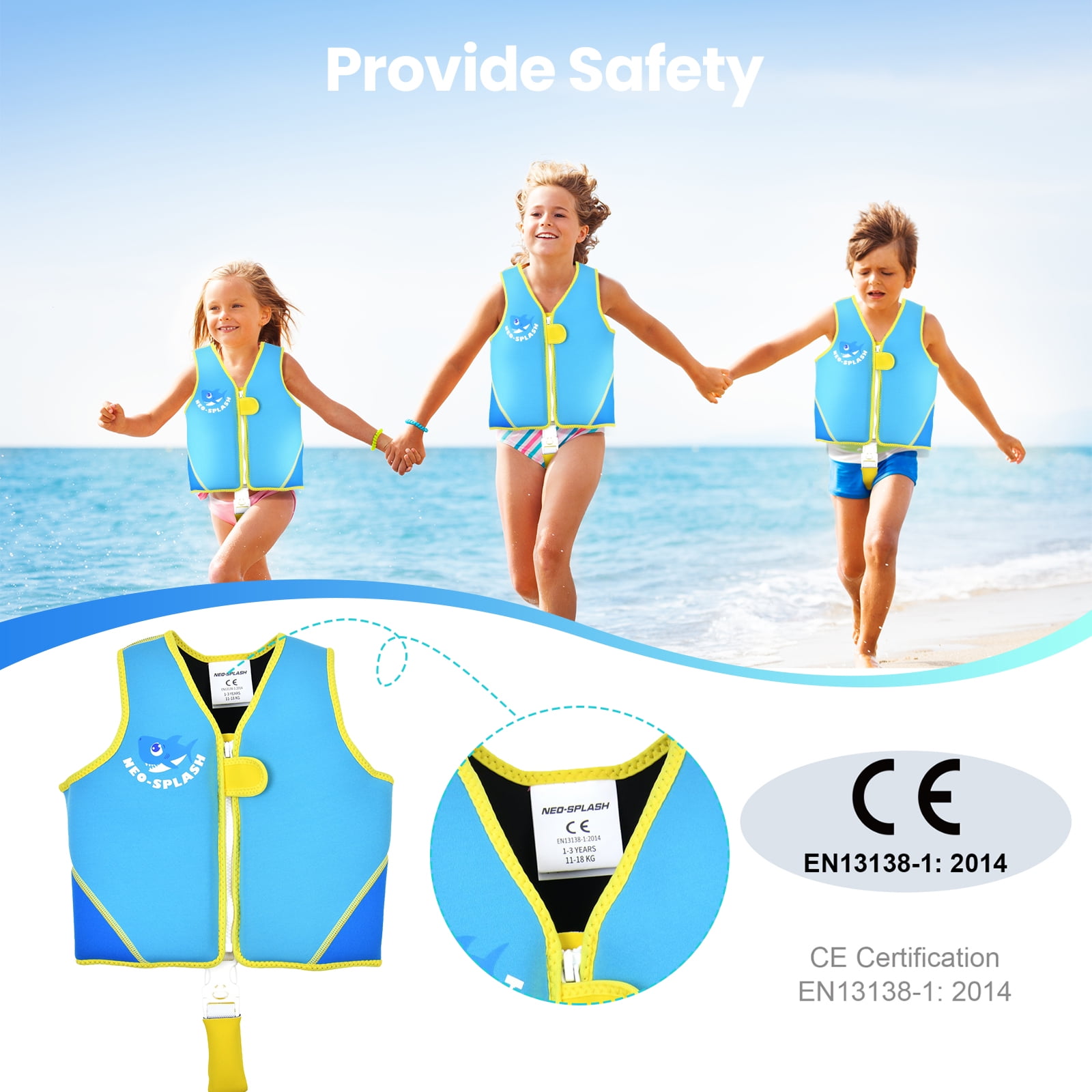 NEO-SPLASH Toddler Swim Vest, Neoprene Life Jacket for Kids Ages 3-6 (41.8-66.1 lbs), Blue Shark