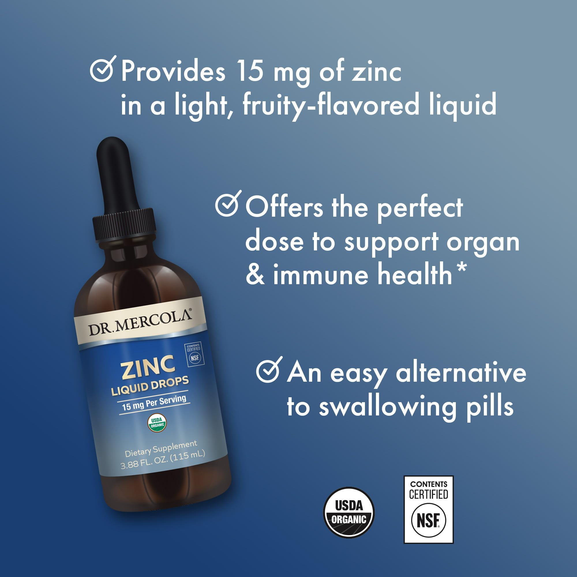 Dr. Mercola Zinc Liquid Drops, 3.88 Fl. Oz. (115 mL), 3-Pack (About 84 Servings), Dietary Supplement, 15mg Per Serving, Immune Support & Cognitive Function, Certified USDA Organic