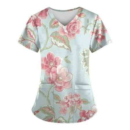 

TKing Fashion Women Plus Size Scrubs Top V-Neck Short Sleeve Animal Print Pockets Work Blouse for Women Mint Green 3XL