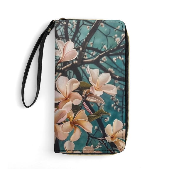 Womens Wallet Bifold Ladies Cluth Bag Wristlet Wrist Strap Long Purse Plumeria Flowers Design