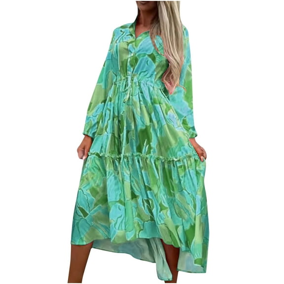 Herrnalise Women Bandage Fold Long Sleeve Causal Floral Printing Long Dress S-2XL
