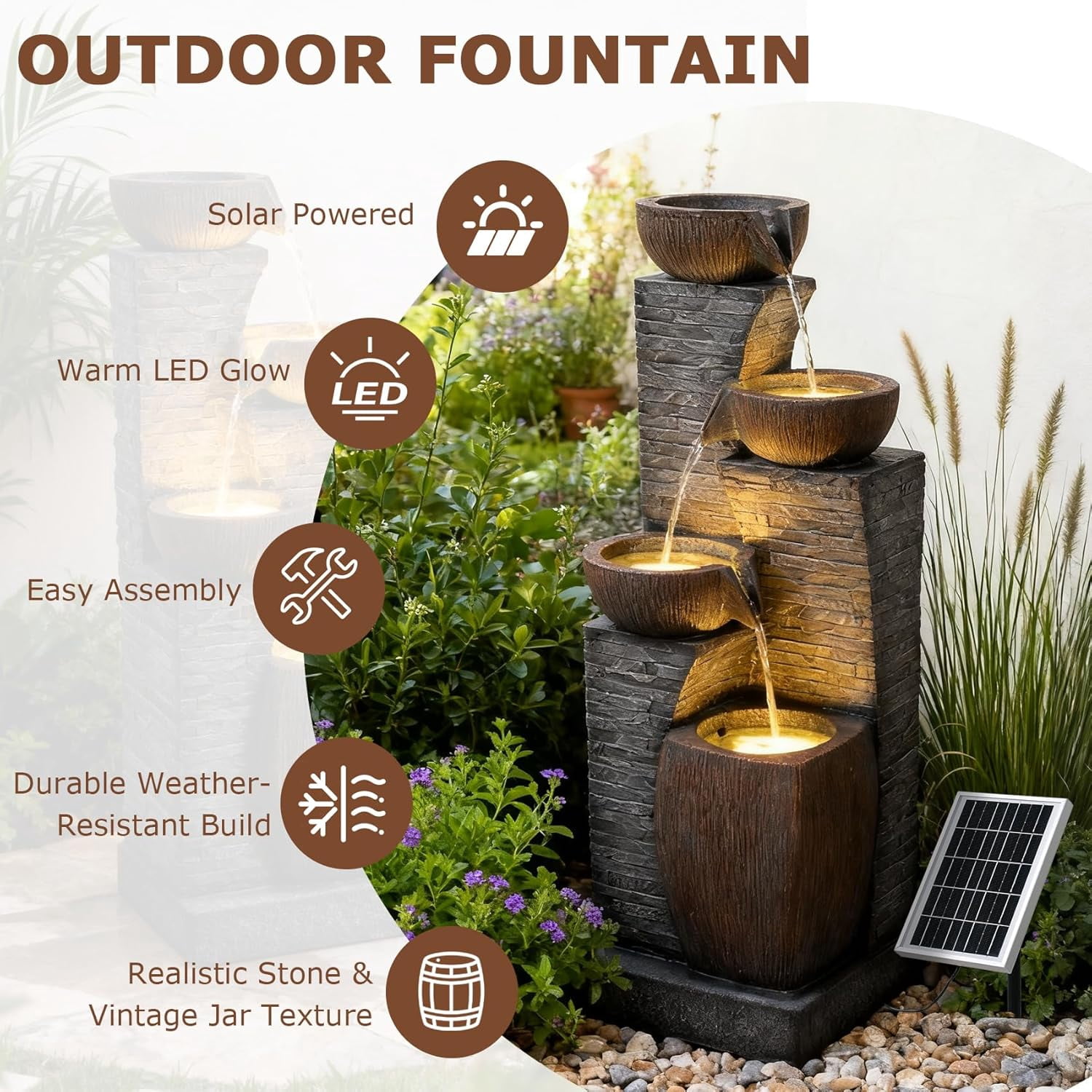 38.2" Tall Solar Water Fountain Outdoor Garden,4 Tiers Modern Cascading Bowls and Stacked Stones Solar Powered Fountains with LED Lights for Garden, Patio, Deck, Porch, Backyard, Lawns