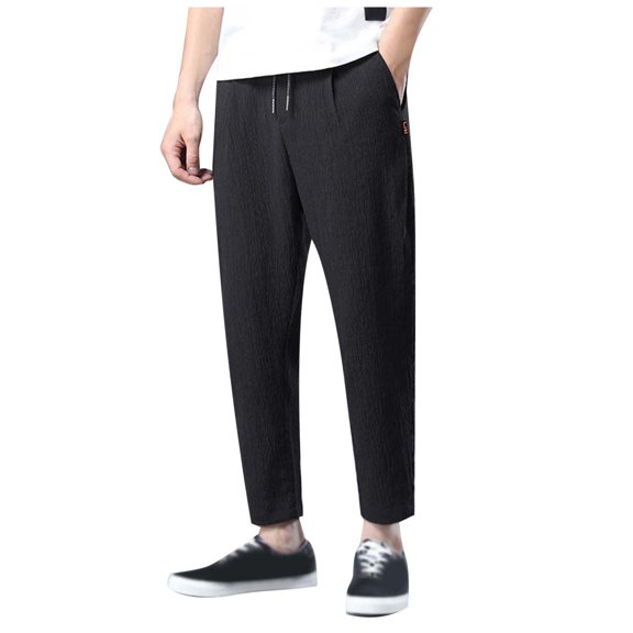 Tfken Men Pants For Summer Drawstring Elastic Waist Solid Color Pants With Pockets Fashion Daily Wear Male Classic Clothes Black
