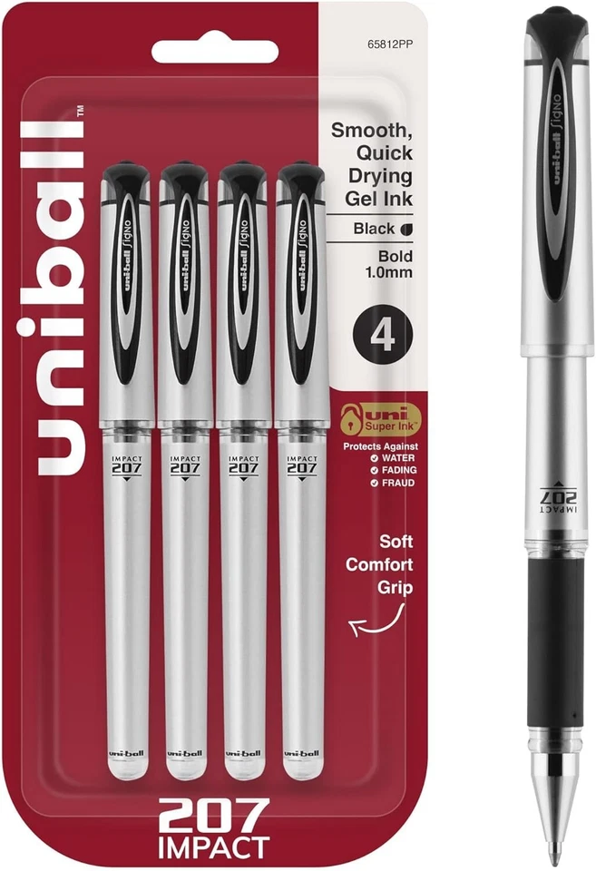 CIRCLE- Uniball 207 Impact 4 Pens Black Gel Ink Bold Point 1.0Mm Signo Archival