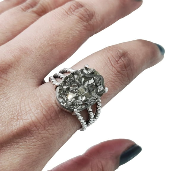 Natural Raw Pyrite Ring, Rough Pyrite Gemstone Ring, Money Pyrite, 3 Twisted Band, 925 Sterling Silver, Womens Ring, Christmas, Thanksgiving, Handmade, Statement Jewelry, Natural Gemstone Ring
