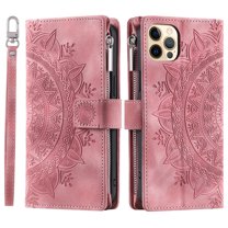 Dteck Zipper Wallet Case for iPhone 12 Pro Max,Magnetic Durable PU Leather Flower Embossed Case Zipper Card Holder Wallet Kickstand Cover with Detachable Shoulder Strap/Wrist Strap,Pink