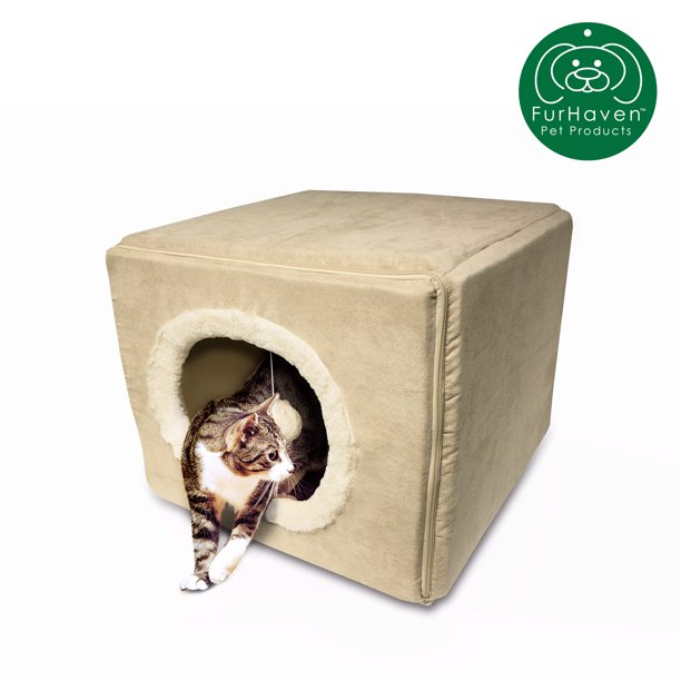 FurHaven Pet Cat Bed Cozy Cube Bed for Cats & Small Dogs, Cream, Large