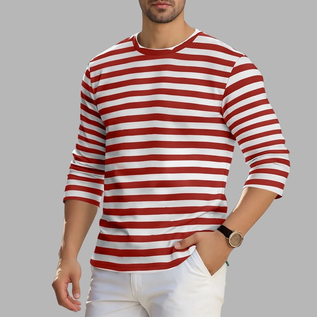 Ceisia Men's Spring Summer Casual Regular Fit Crew Neck Three-Quarter Sleeve T-Shirt Multi-Color Striped Cotton-Like Jersey Stretch Fabric Wine XXL Gifts