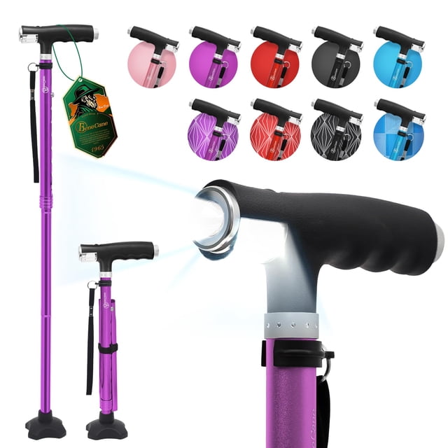 Bastón BeneCane para mujer, plegable, con dos luces LED, base estable, ligero y ajustable.