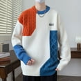 thumbnail image 3 of Mens Clashing Colour Patchwork Knitted Sweater Crew Neck Line Design Sweater Oversized Long Sleeve Pullover Sweater, Orange, XXXL, 3 of 7