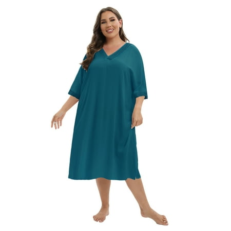 

WBQ Women s Plus Size Lace-Trim V Neck Short Sleeve Night Dress Swing Sleepwear Below The Knee Green XL-5XL