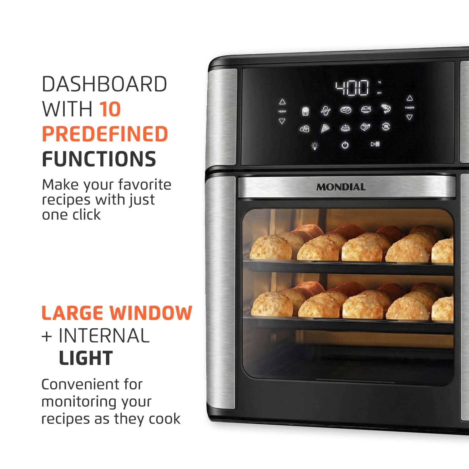 Mondial Air Fryer Oven, Digital Touchscreen, 12.7 Qt, 1800W, Black Stainless Steel