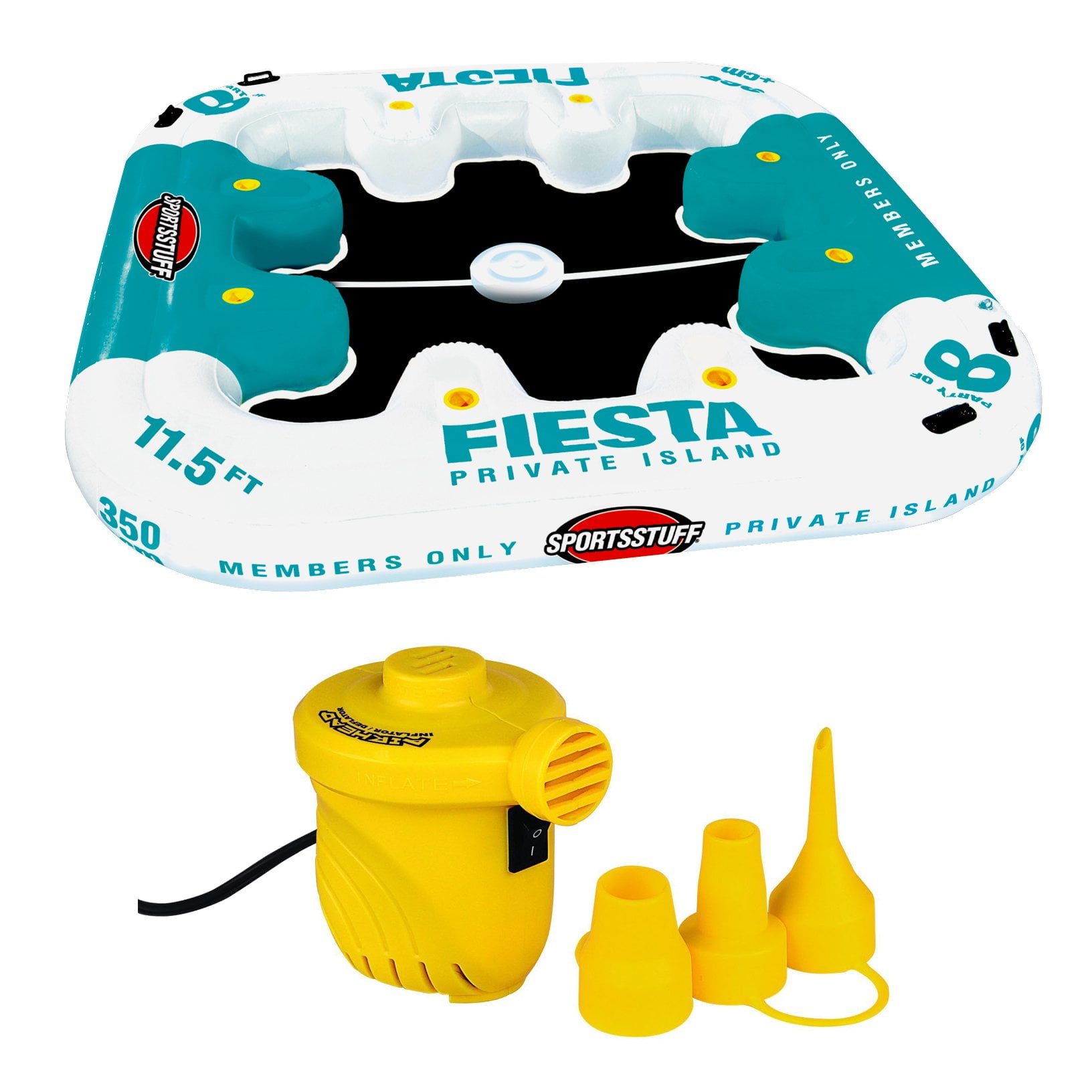 Sportsstuff Fiesta Island 8-Person Raft with Cooler +12V Portable Air Pump by Kwik Tek