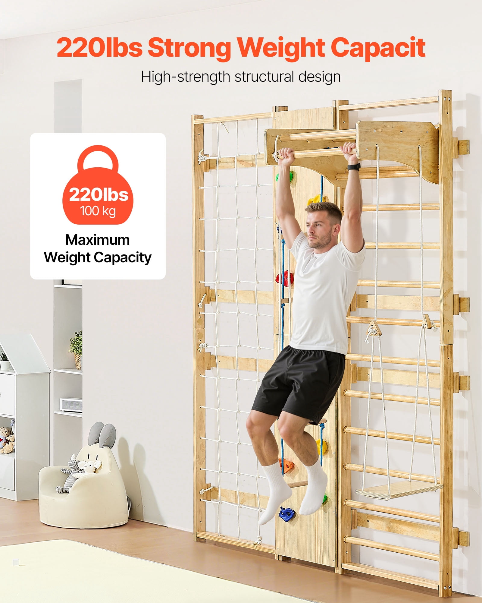 VEVOR Swedish Ladder Wall Gym, 9-in-1 12-Level Solid Wood Gymnastic Stall Bars for Kids Adults, 220LBS Indoor Jungle Gym with Rock Climbing Wall, Gym Rings, Pull-Up Bar, Climbing Board, Slide, Swing