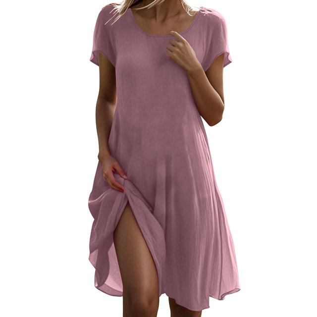 Robes Roses pour Juniors Été Automne Manches Courtes Col Bateau Faux Lin Rayonne Midi Longueur Genou Plage Décontractée Hawaïenne Tropicale Basique Robes Femmes 2025 Vêtements Tendance TG