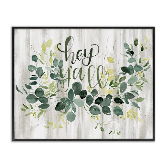 Stupell Industries Farmhouse Hey Y'all Southern Sentiment Blooming Eucalyptus Plants Black Framed Giclee Art, 14 x 11, by Jennifer Paxton Parker