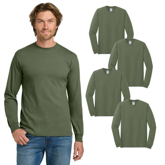 Gildan Men’s Long Sleeve Military Green T-Shirt, Comfortable Classic Tee, Heavy Cotton, 4-Pack, S
