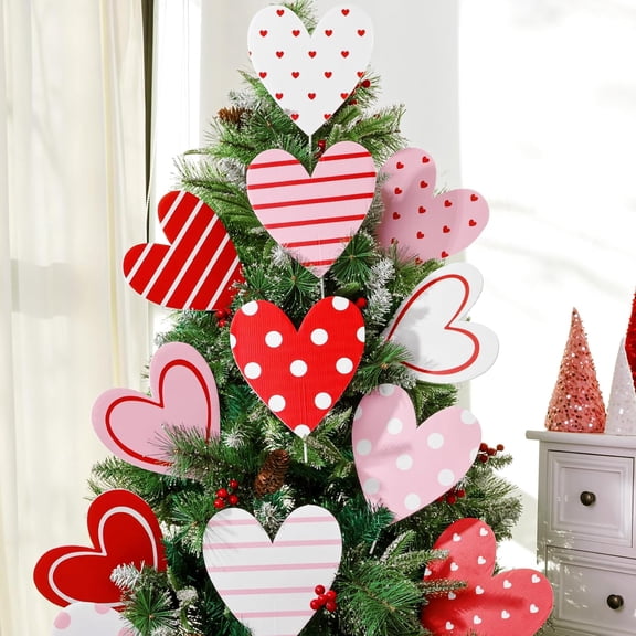 Valentines Day Decorations Tree Ornaments: 12 pcs Extra Large Red Pink White Heart San Valentine Decorations, Cute Hear Picks Ornaments for Valentine's Day Tree Topper Home Wedding Décor