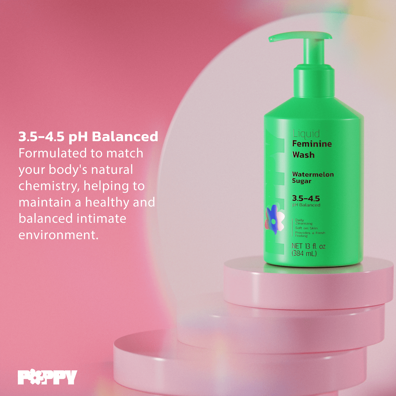 Poppy Intimate Feminine Wash, pH Balance Female Hygiene Cleansing Wash, Watermelon Sugar Scent, 13 fl oz