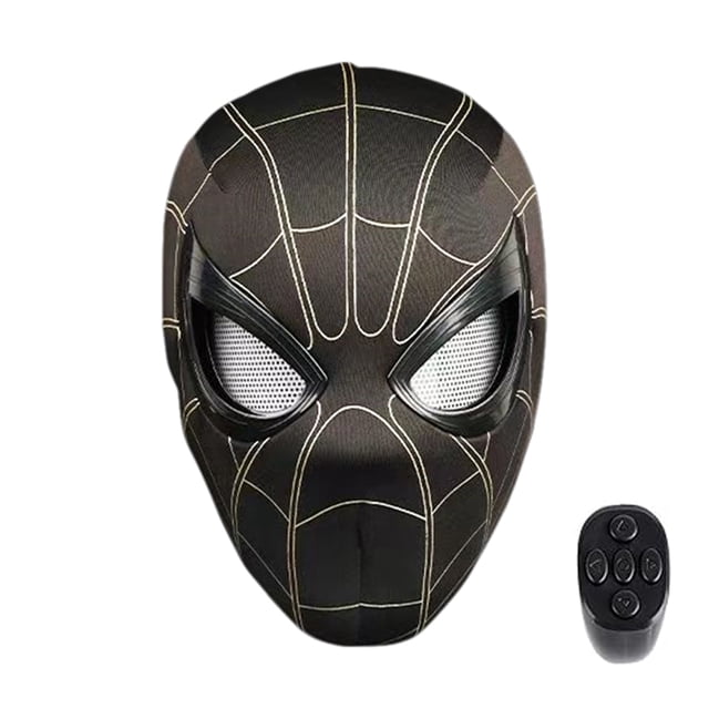 máscara venom con ojos led cara completa superhéroe móviles y luces máscara completa negra estilo araña con costuras claras y lentes de malla; vista frontal centrada con silueta envolvente y grandes ojos ovalados que se iluminan y se mueven controlados por el control remoto negro a la derecha; construida en ABS y poliéster, talla para adolescentes y adultos jóvenes, a menudo usada para cosplay y colecciones de disfraces.