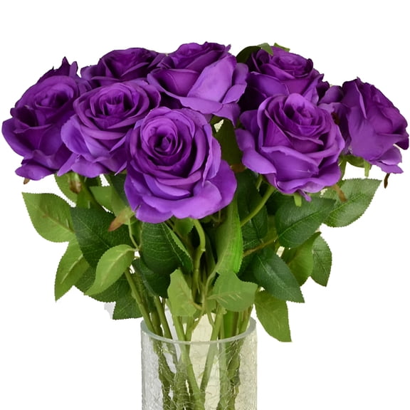 VANIDO Artificial Silk Rose Flower Bouquet Wedding Party Home Decor,Pack of 10 Purple Roses- Purple