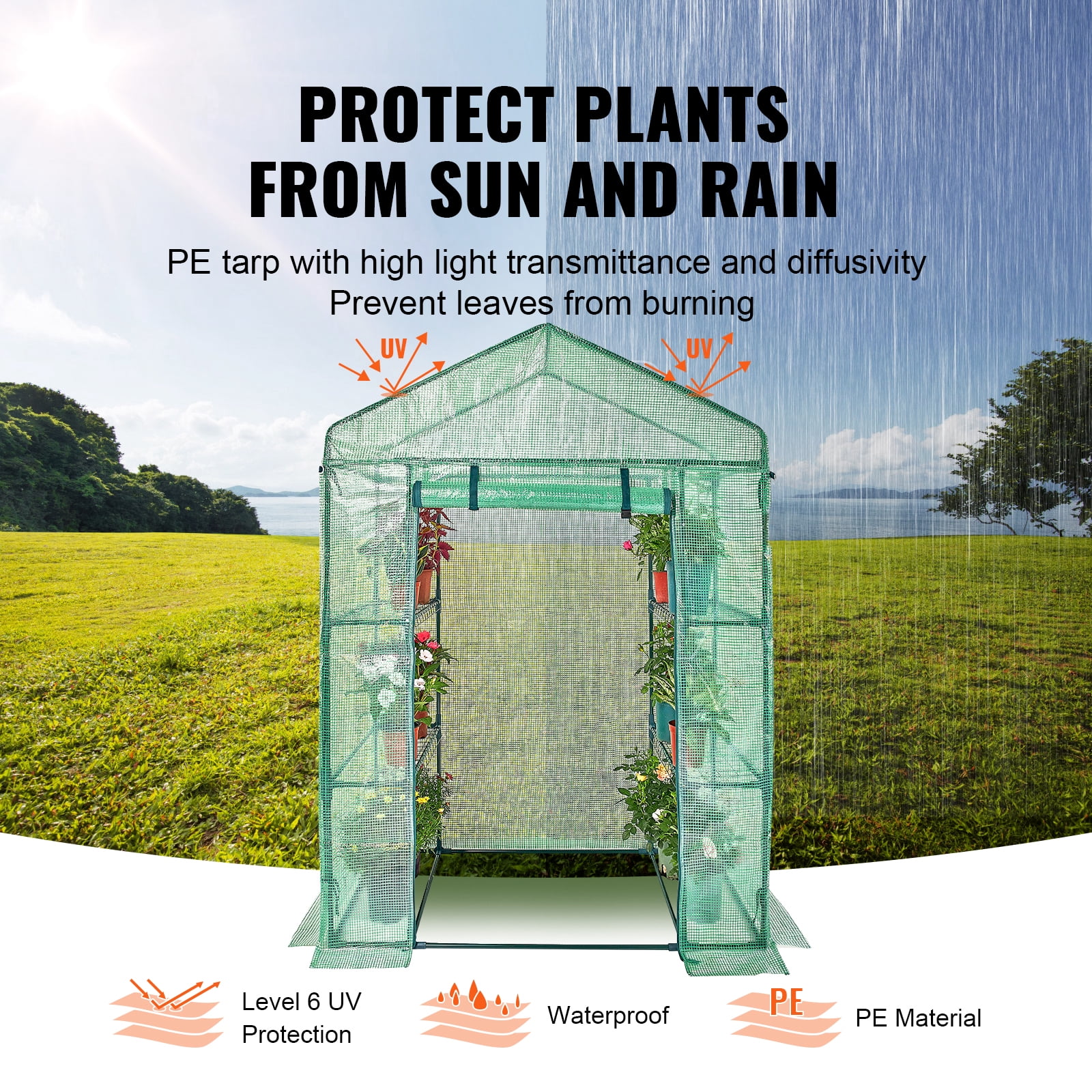 KFFKFF Portable Greenhouse, Dimensions 4.6 x 2.4 x 6.7 ft, Equipped with Shelving Units, Robust PE Cover Incorporating Doors and Windows, Steel Framework, Quick Assembly