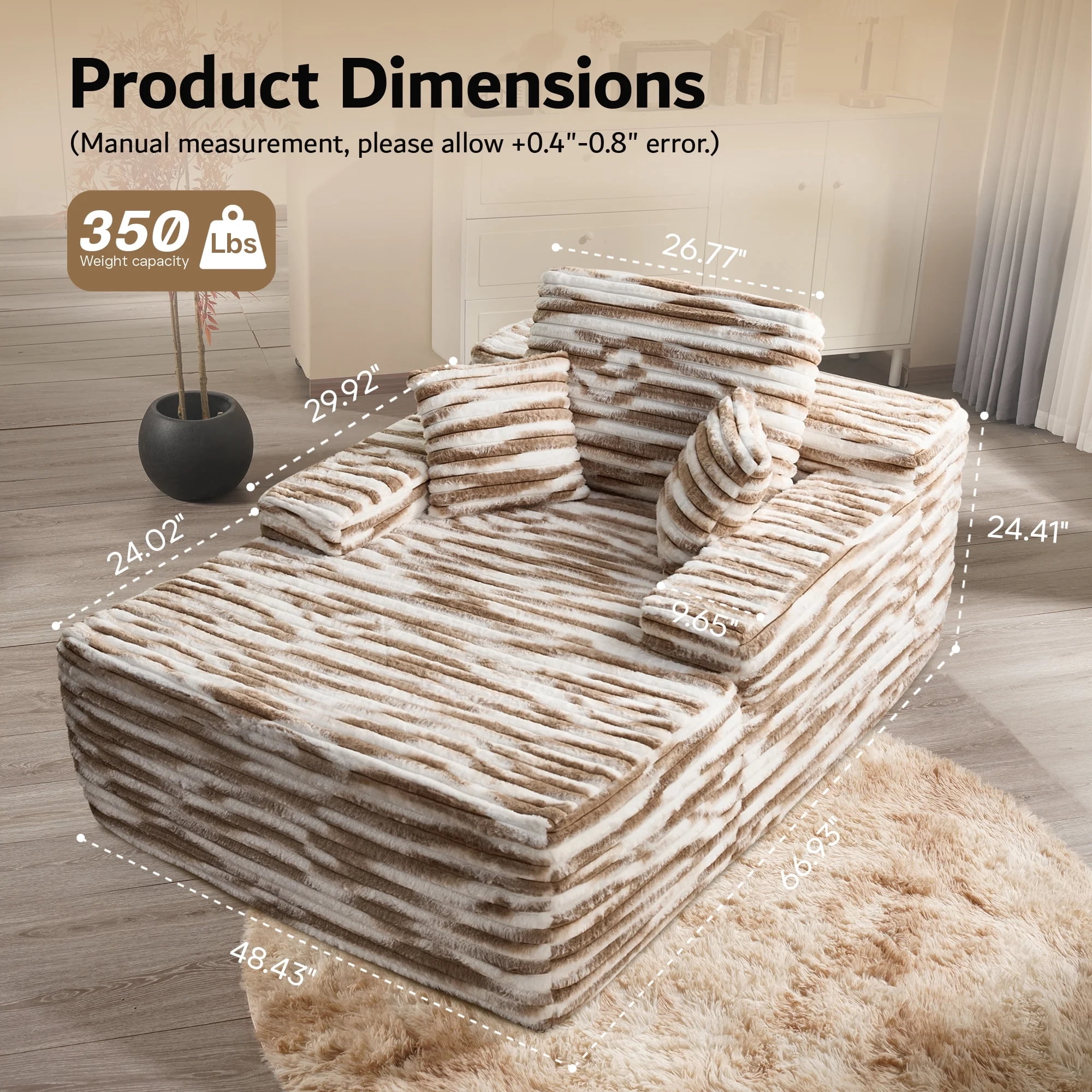 Vcatnet 67"x48" Chaise Lounge Chair Indoor Oversized Lounge Couch Upholstered Corduroy Sofa Bed for Living Room and Bedroom, Brown and White Stripes