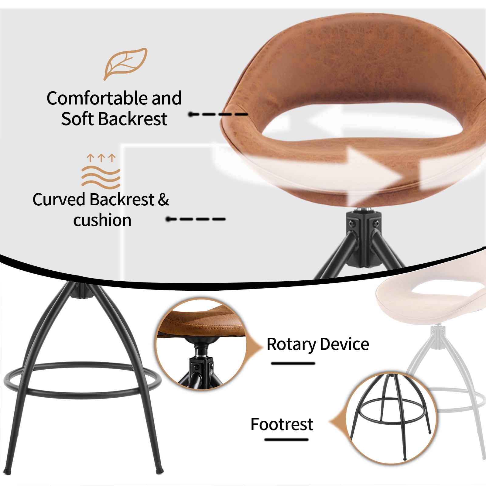 Zimtown Swivel Barstools Set of 2, 26'' Mid-Century Padded Counter Height Bar Chairs, Modern Upholstered Dining Chairs 2 PCS, Brown