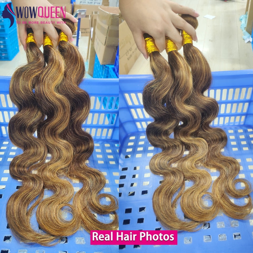 Typpkmm P4/27 Highlight Body Wave Bundles Brazilian Hair Weave Bundles Ombre Honey Colored Human Hair Bundles Remy Hair Extensions Brown