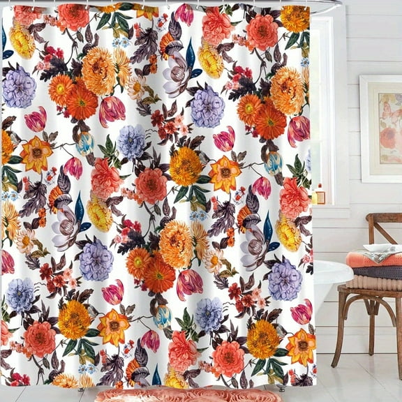 1PC, Neasow Boho Floral Shower Curtains for Bathroom, Colorful Fabric Blossom Shower Curtain Set with 12 Hooks, Multi Red