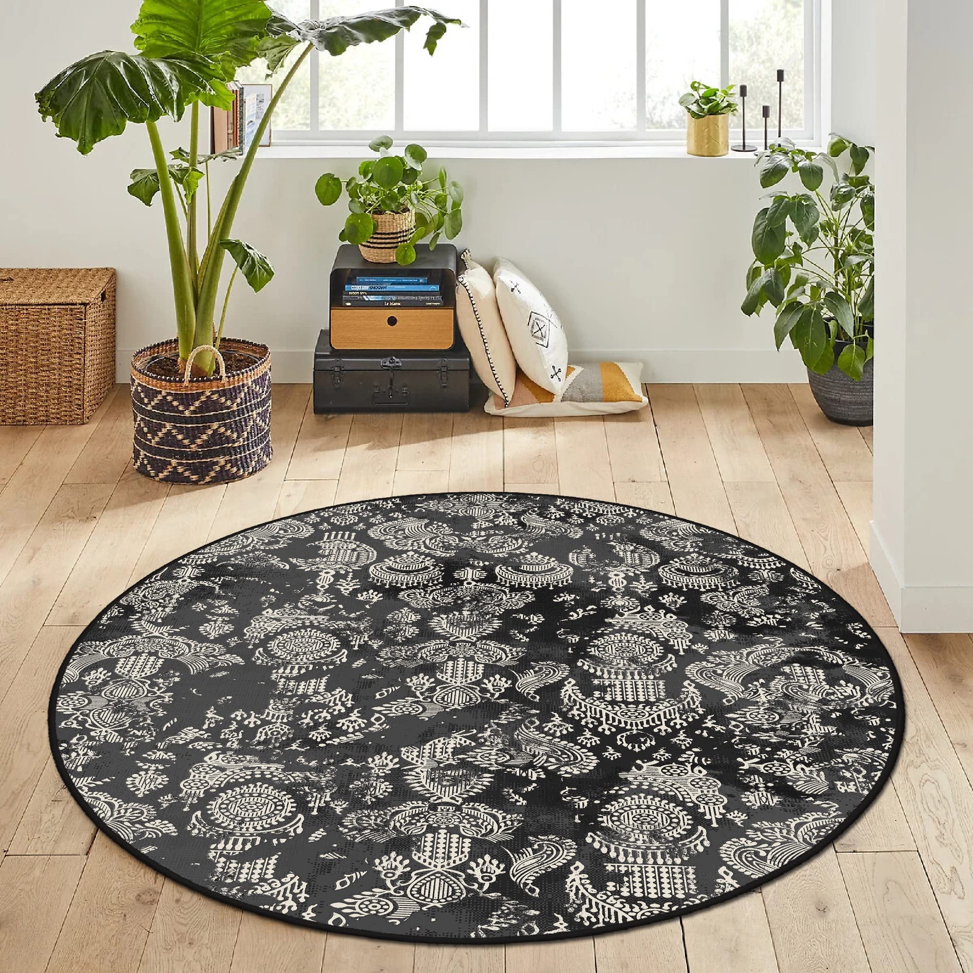 Machine Washable Round Rug, 5'2"x5'2" Non Slip, Non Shedding