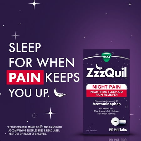 Vicks ZzzQuil Night Pain Sleep Aid Geltabs, Non-Habit Forming, Nighttime Pain Reliever, 60 Ct