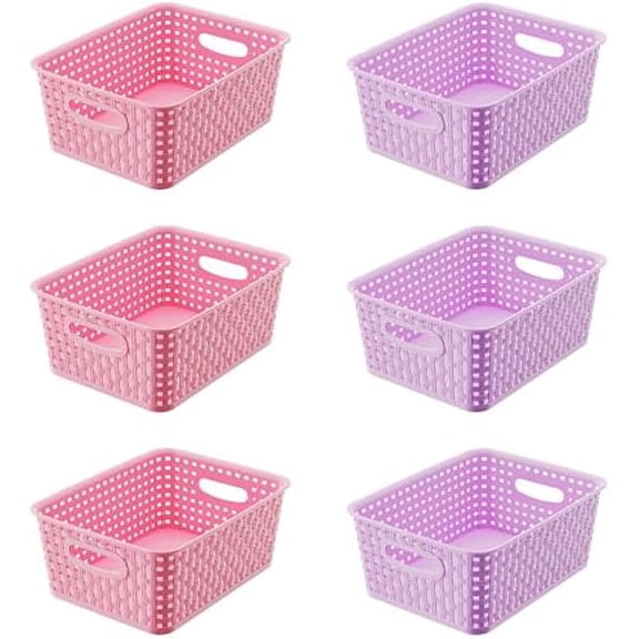 Mixed Color Small Plastic Open Storage Weave Baskets, 6-Pack Versatile Shelf Organizer Woven Baskets for Classrooms, Children's Rooms, and Pantries, Pink/Purple-10x7.5x4 inch