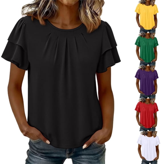 Favoffer Women's Round Neck Short Sleeve Solid Color Casual Top