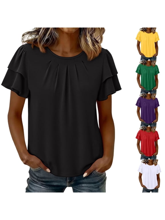 Women's Casual Short Sleeve Tops, Solid Crew Neck Blouses, Flutter Sleeve Tees, for Daily Wear, Spring Summer Season, Red 2XL