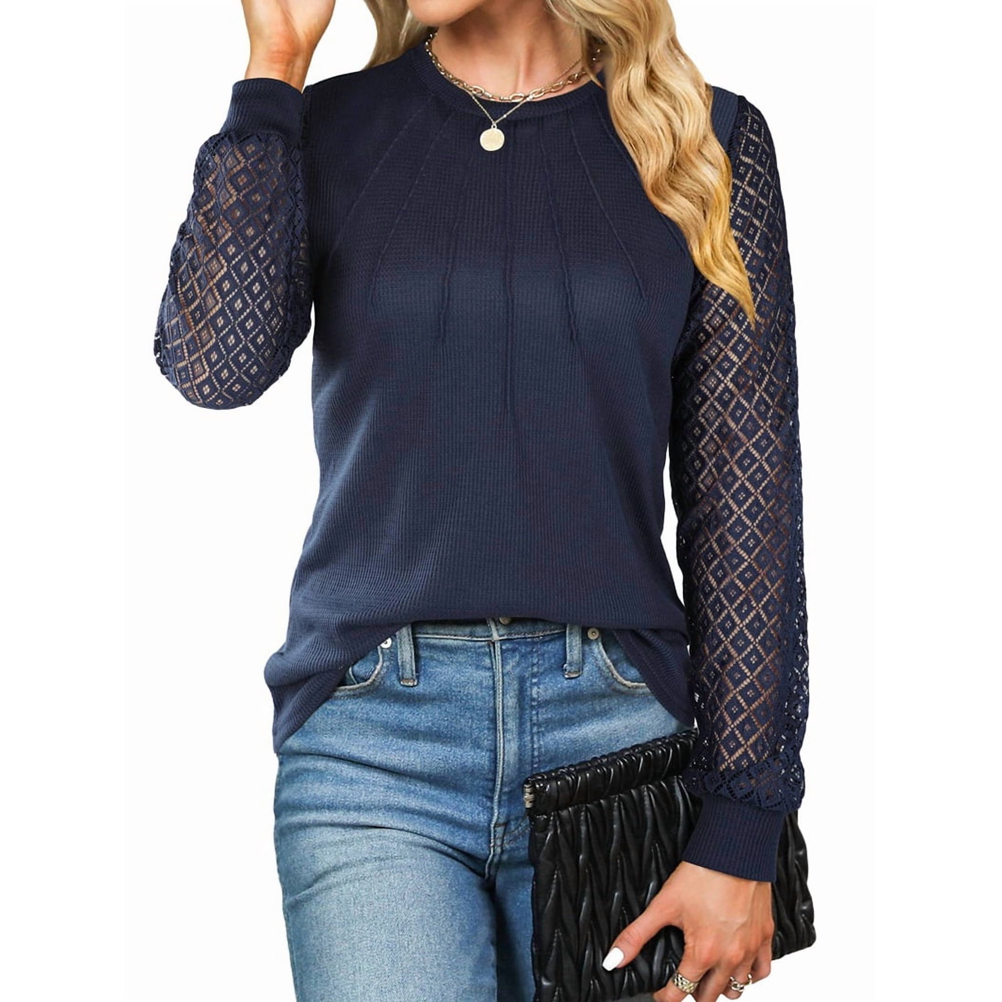 Women S Waffle Knit Tops Dressy Business Casual Blouses Lace Long Sleeve Work Shirts Fall Clothes Navy Blue XL