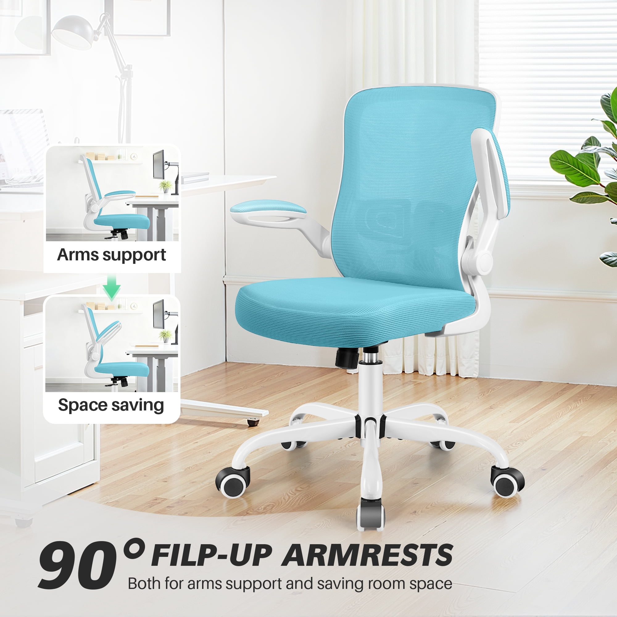 COOLHUT Ergonomic Office Chair, Home Office Desk Chair, Comfort Mesh Task Chair with Adjustable Lumbar Support and Flip up Arms, Blue