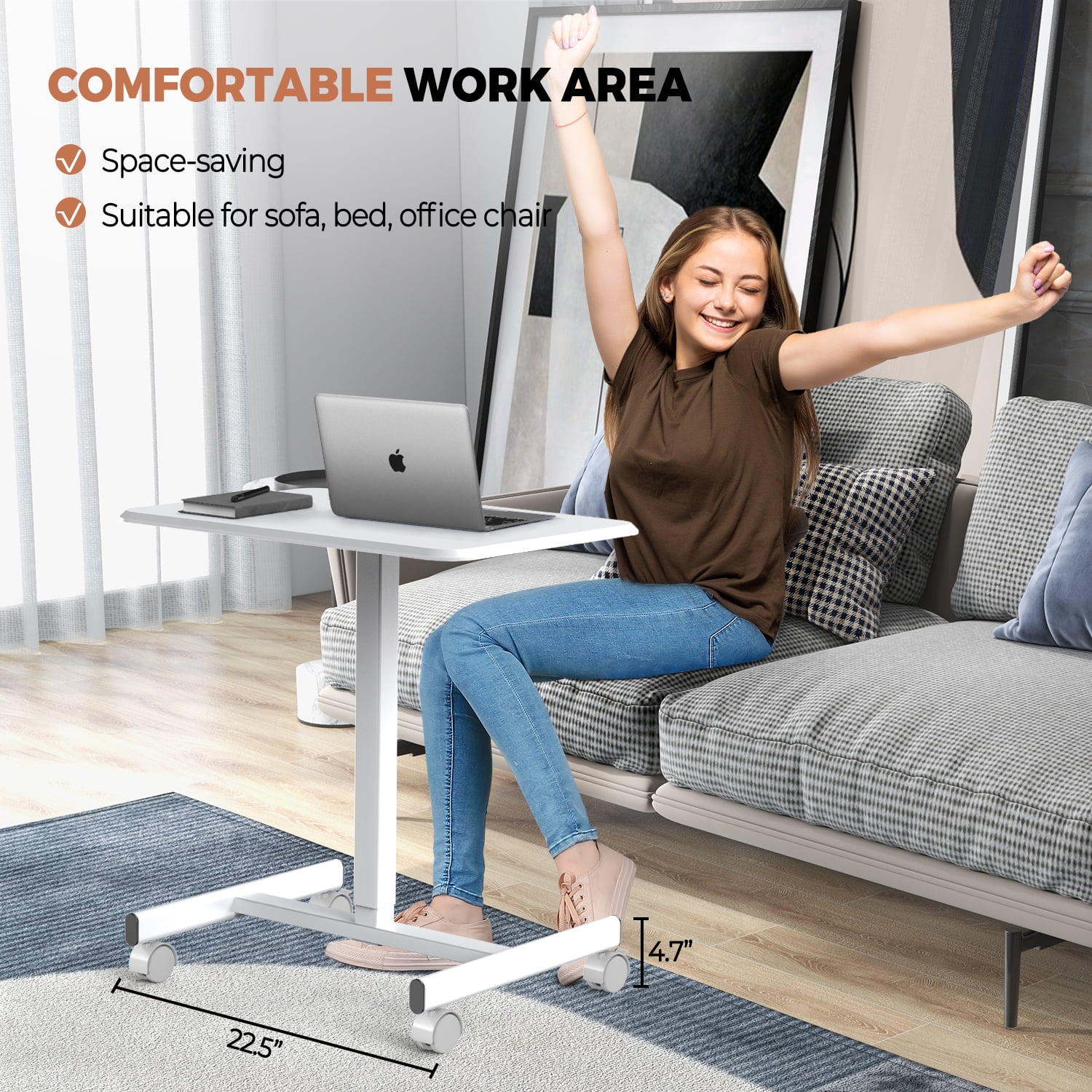 MAYEERTY Mobile Laptop Stand Rolling Desk with Adjustable Height for Home, Office, White