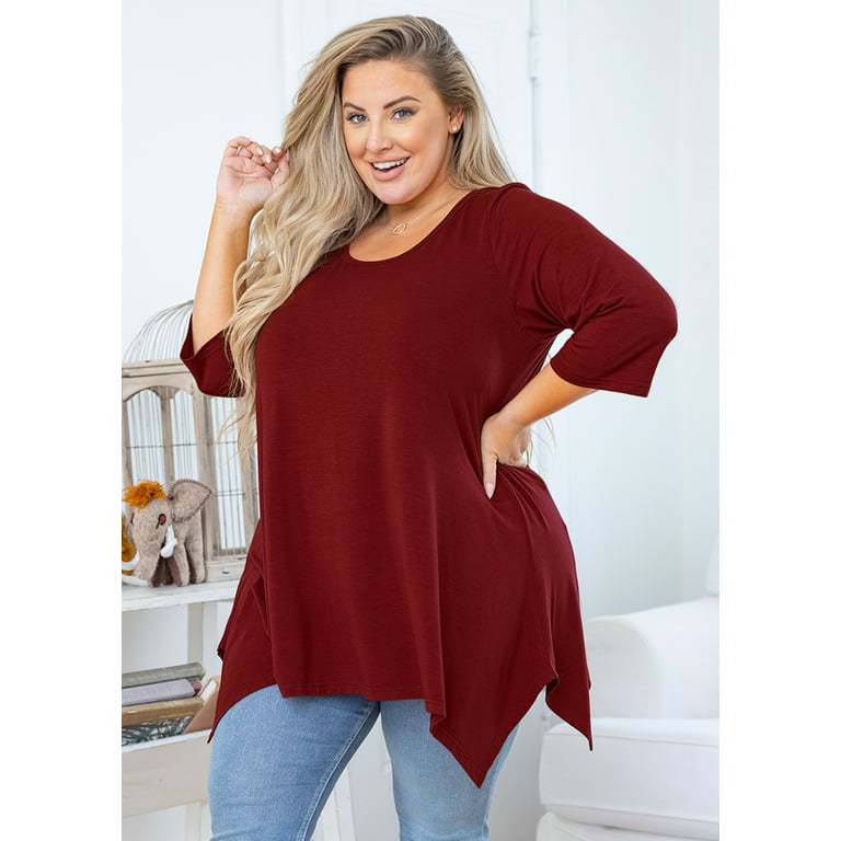 SHOWMALL Plus Size Clothes for Women 3/4 Sleeve Blouse Wine Red 5X Swing  Top Maternity Clothing Crewneck Loose Shirt for Leggings