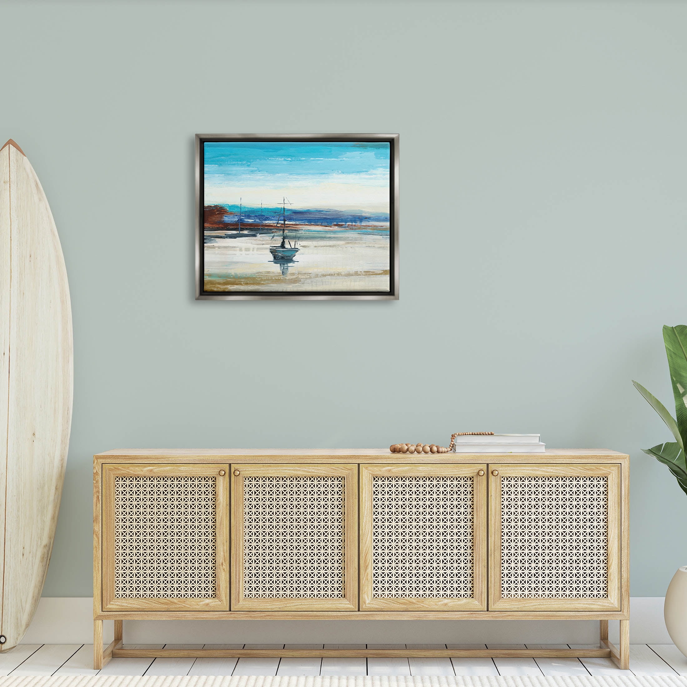 Abstract Boat Sea Reflection Coastal Painting Luster Gray Framed Art Print Wall Art