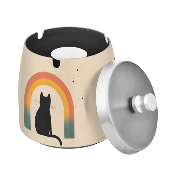 Yayeee Ashtray with Lid for Cigarette Smokeless Stainless Steel Home Ash Holder, Beige Cat Rainbow