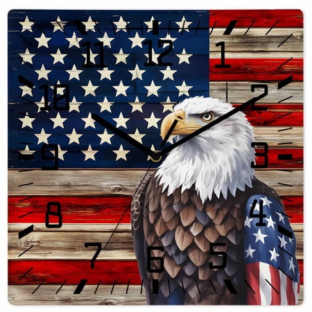 American Flag Wooden Wall Clock Silent Non Ticking, Vintage Eagle Blue Red USA Flag Square Wall Clocks Battery Operated, Decor Clock for Home Office, Living Room, Kitchen, 10 Inch