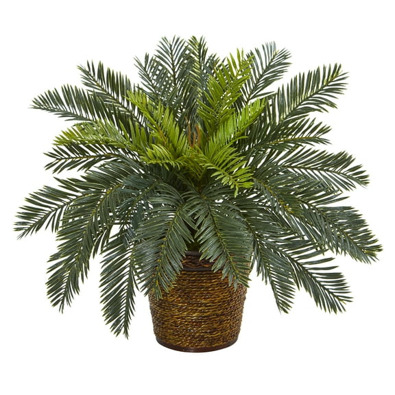 Nearly Natural 15" Plastic/Polyester Green Cycas Artificial Plant in Basket
