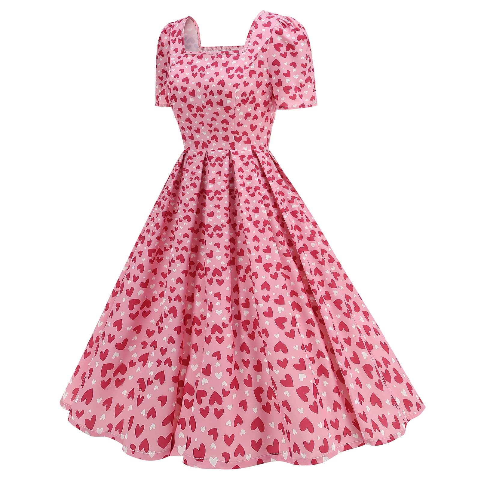 hotojiny Formal Dresses for Women Valentine's Day Gifts Cute Heart Print Cocktail Dresses Trendy Flowy Short Sleeve Maxi Dress