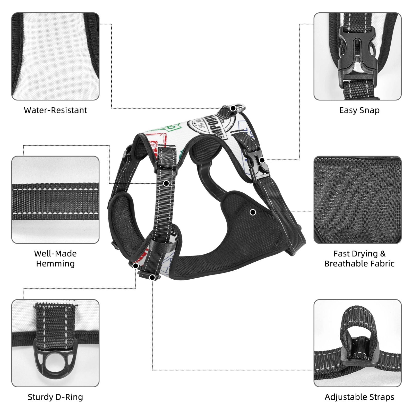 Fuzoiu Stamp Set Collection Print Reflective Dog Harness,Adjustable, Breathable Pet Vest,Dog Harness No Pull,No Choke Pet Vest for Small, Medium, and Large Dogs-X-Large