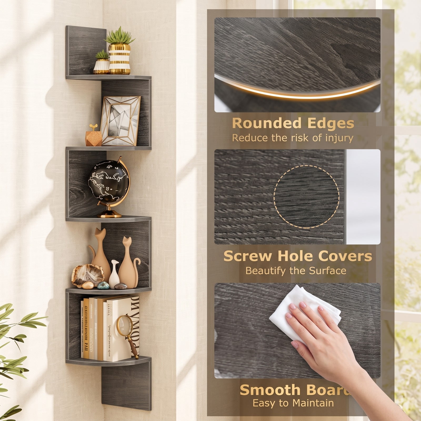 Furnibear 5-Tier Corner Shelf Floating Bookshelf, Wall Mounted Storage Organizer Display Rack for Books Plants Photos, Space-Saving Engineered Wood Corner, Oak