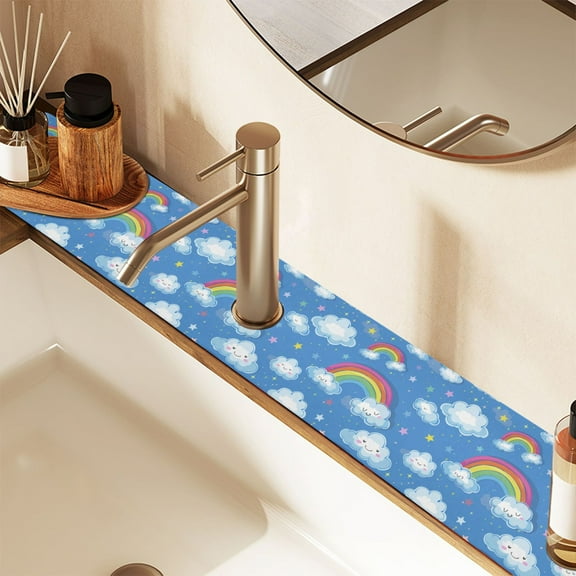 Faucet Mat for Kitchen Sink 30'' Sink Splash Guard Mat Super Absorbent Fast Drying Drain Pad Cute Rainbow and Cloud 2 Pack